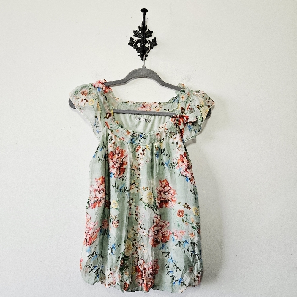 Elena Baldi Floral Silk Top Size S Scoop Neck Ruffle Blouse Made In Italy EUC